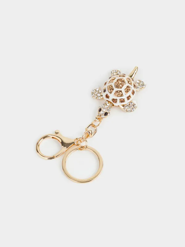 Салпыншақ, 12 см, металл/страздар, алтын, Тасбақа, Keychain crystal, image-1