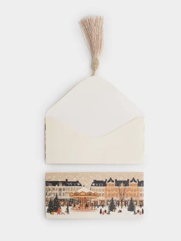 Сыйлық конверті, 17х9 см, шашағы бар, қағаз, сүт түстес, Әткеншек, Christmas carousel, image-3