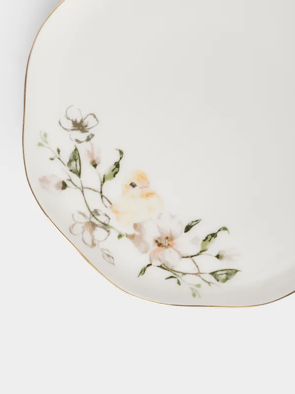 Тіскебасар тәрелкесі, 21 см, фарфор F, ақ, алтын жиектері бар, Гүлдер арасындағы балапан, Easter, image-2