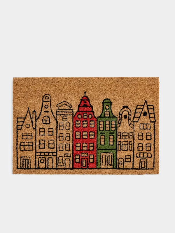 Коврик придверный, 40х60 см, кокос/ПВХ, прямоугольный, коричневый, Домики, House built, image-0