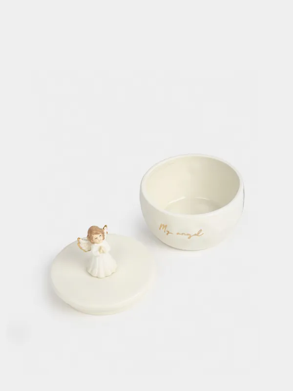 Зергерлік қорап, 11х11 см, керамика, сүт және алтын түстес, My angel, Angel, image-2