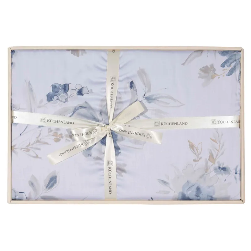 КПБ евро, тенсель 300 ТС, бело-синий, Акварельные цветы, Tencel, image-1