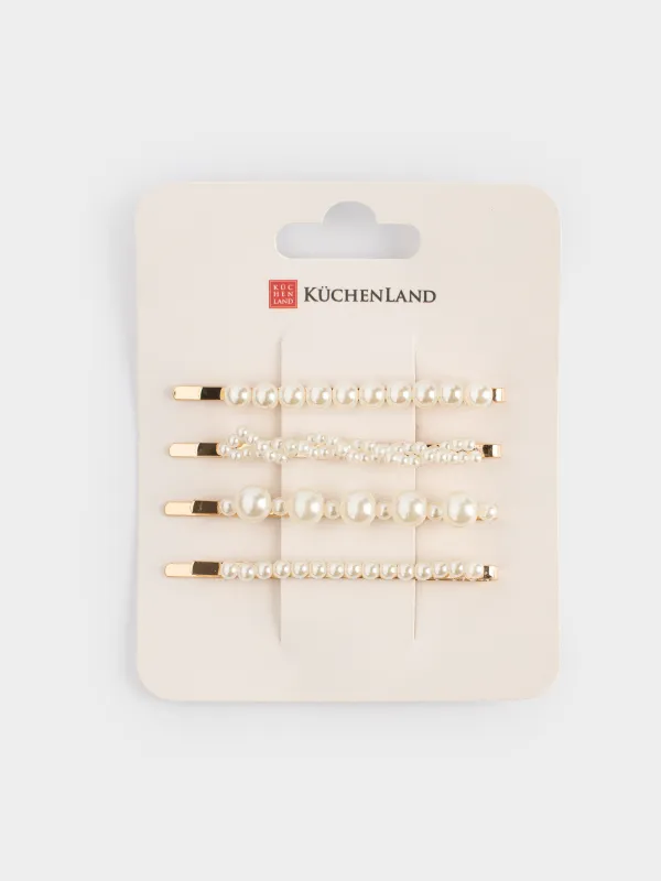 Шаш қыстырғыштар жиынтығы, 7 см, 4 дана, металл/пластик, сүт түстес, Моншақтар, Pearl, image-4