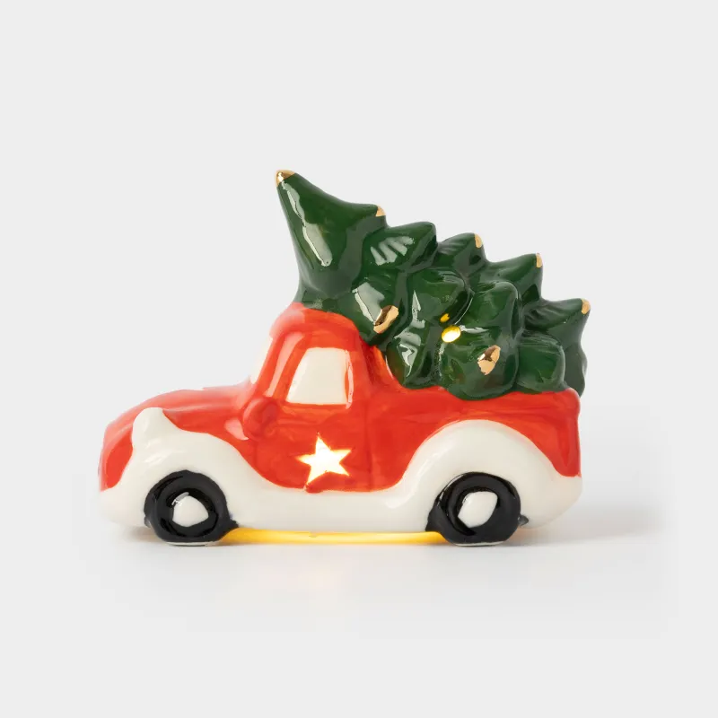 Статуэтка с подсветкой, 8 см, фарфор P, красно-зеленая, Машина с елкой, Red car
