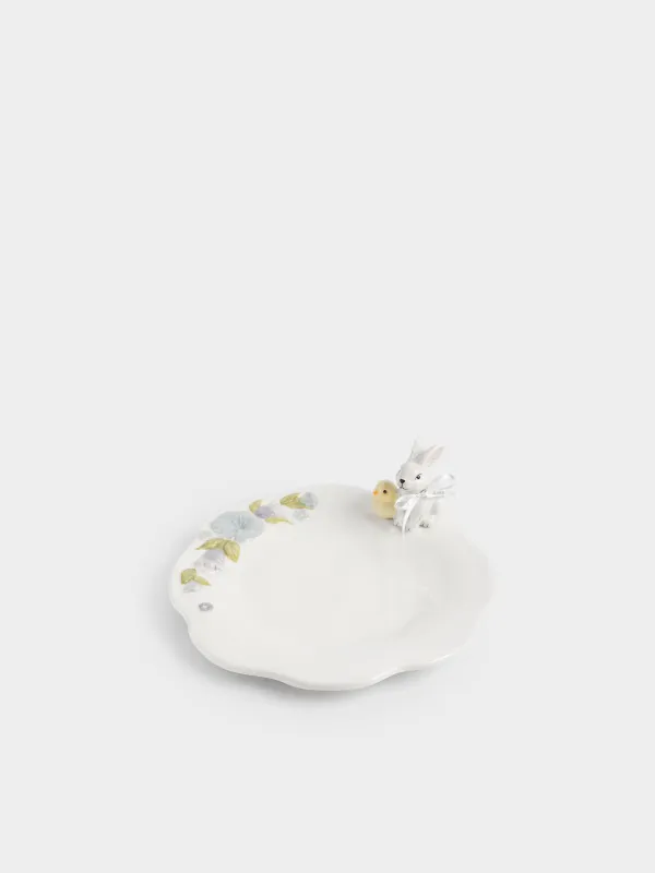 Ыдыс, 25 см, керамика, сүт түстес, Гүлдер арасындағы қоян мен балапан, Easter, image-0