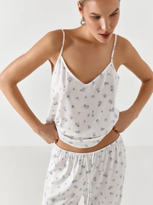 Әйелдерге арналған топ, үйге арналған, өлшемі М, белдіктері бар, полиэстер, көк және ақ, Гүлдер, Tesia, image-6