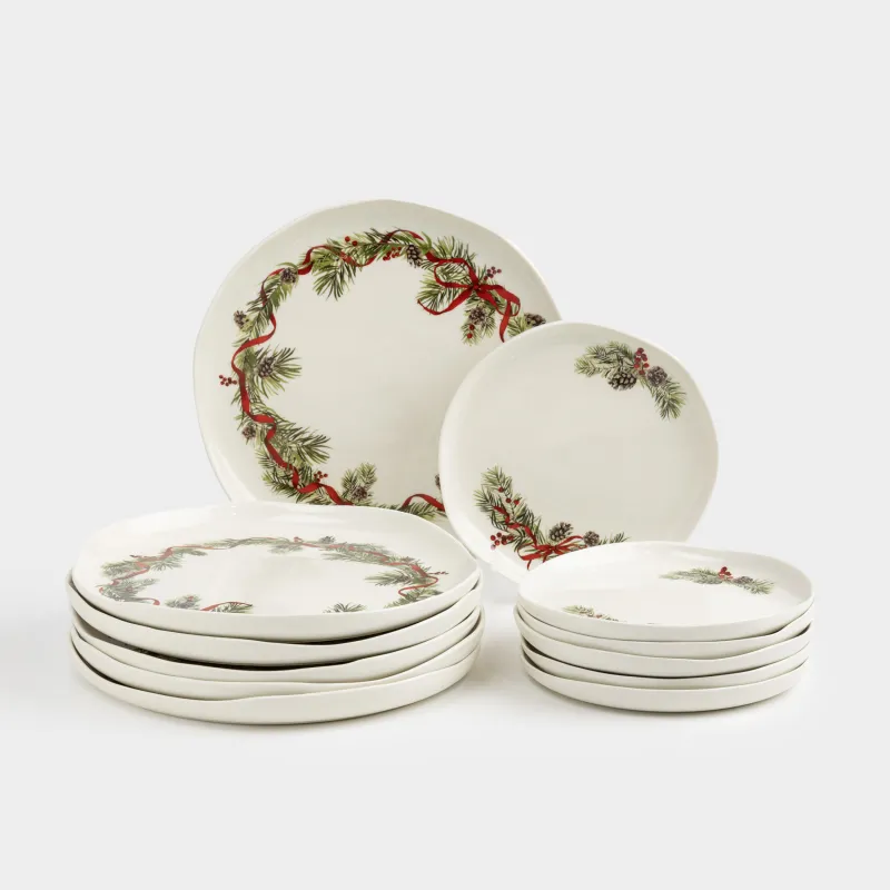 Ас сервизі, 6 адам, 12 зат, фарфор N, ақ, дақты, Шырша бүршіктері мен шетен, Rowan delice