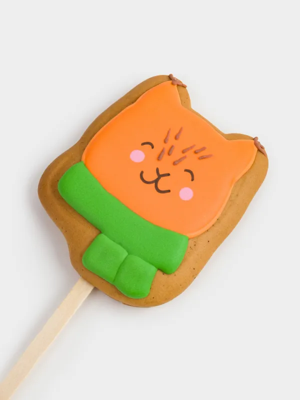 Пряник, 40 гр, глазированный, имбирный, на палочке, оранжево-зеленый, Белочка в шарфе, Prani, image-1