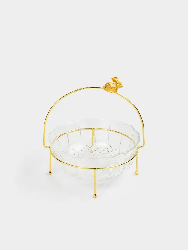 Жеміс вазасы, 23х9 см, тұғырда, тұтқасы бар, шыны/металл, алтын түстес, Қоян, Rabbit gold, image-2