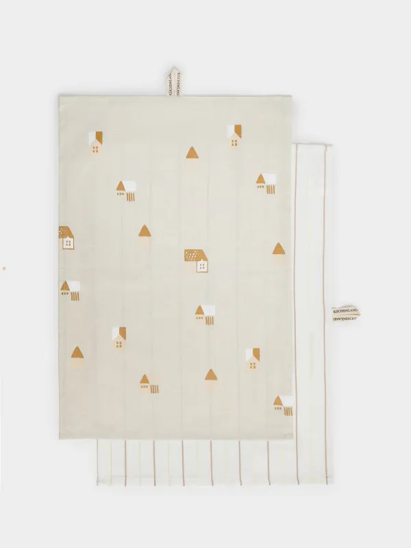 Асүйлік сүлгі, 40х60 см, 2 дана, мақта, ақ/сарғылт-қоңыр, Жолақтар/Гүлдер, Meadow, image-0