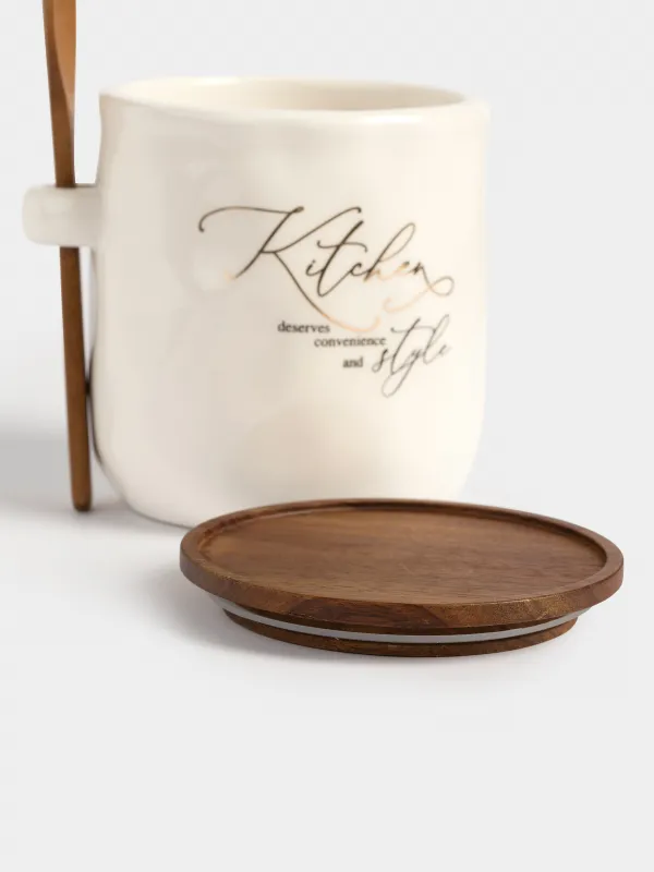 Сақтау ыдысы, 12х12 см, мл, қасығы бар, керамика/ағаш, Мыжылған әсер, Crumple kitchen, image-3