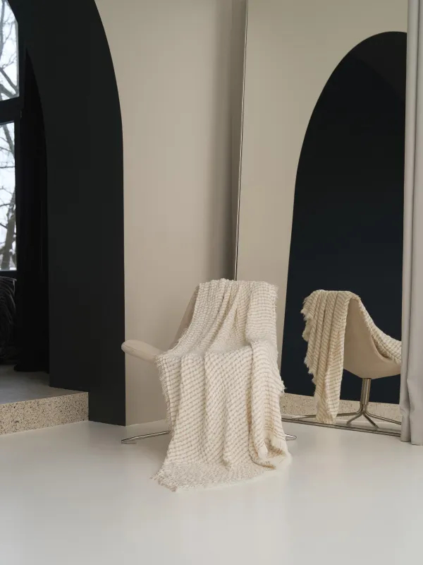 Жамылғы, 130х170 см, шашағы бар, акрил/полиэстер, сүтті сарғылт-қоңыр, Жолақтар, acrylic, image-2