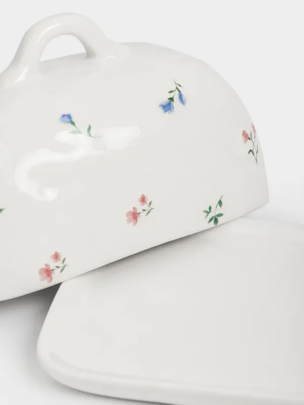 Сары май ыдысы, 16 см, керамика, тікбұрышты, сүт түстес, Нәзік гүлдер, El flora, image-3