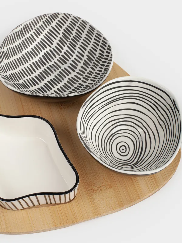 Набор для закусок, 3 пр, на подставке, керамика/дерево, черно-белый, Линии, Noble tree, image-3