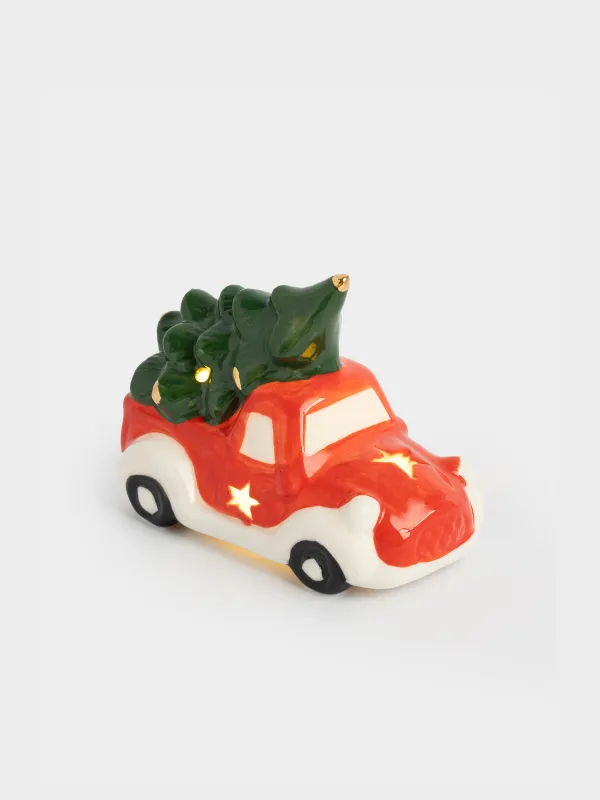 Статуэтка с подсветкой, 8 см, фарфор P, красно-зеленая, Машина с елкой, Red car, image-1