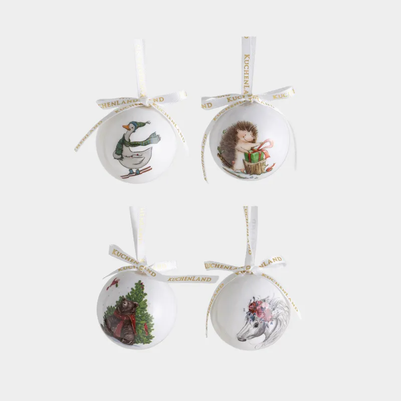 Набор елочных игрушек, 5 см, 4 шт, пенопласт, Шар, Гусь/Лошадка/Мишка/Ежик, Ball print
