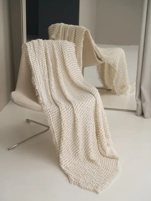 Плед, 130х170 см, с бахромой, акрил/полиэстер, молочно-бежевый, Полосы, Acrylic, image-0