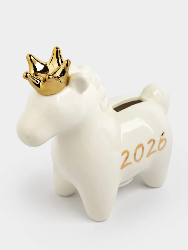 Копилка, 16х16 см, фарфор P, молочно-золотистая, Лошадка c короной, Horse milky, image-1