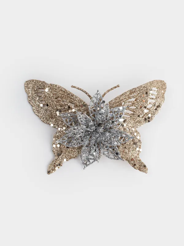 Сәндік әшекей, 16 см, қыстырғышта, пластик, шампан, Гүлі бар көбелек, Flower decor, image-0