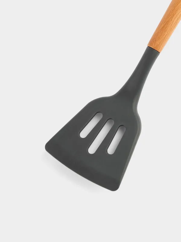 Лопатка, 32 см, с прорезями, силикон/дерево, серая, Weekend, image-3