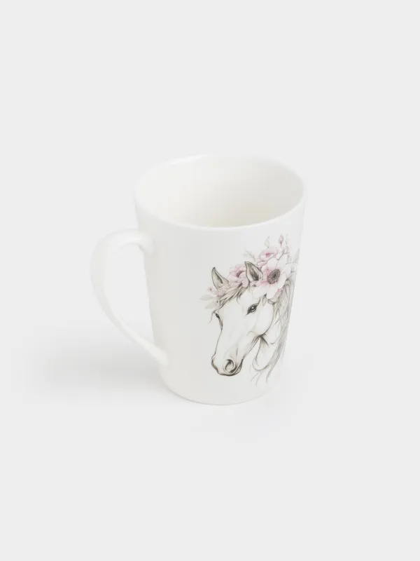 Кружка, 420 мл, фарфор N, белая, Лошадь в венке, Horse in flowers, image-2