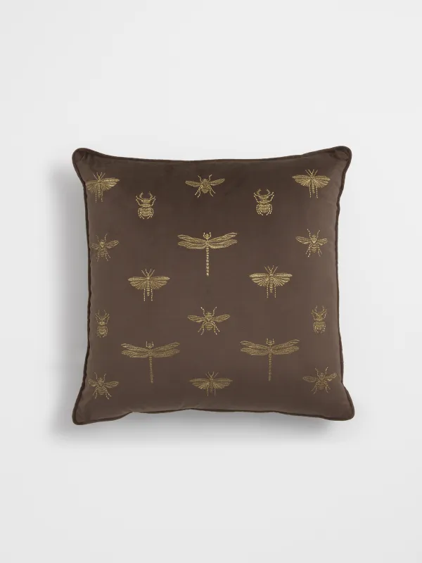 Подушка декоративная, 45х45 см, вельвет, коричневая, Жуки, Bugs, image-0