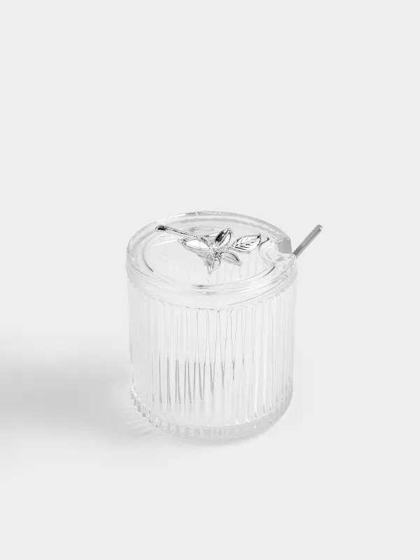 Қант ыдысы, 9,5х12 см, 400 мл, қасығы бар, шыны/металл, Күміс гүлдер, Ribby silver, image-1