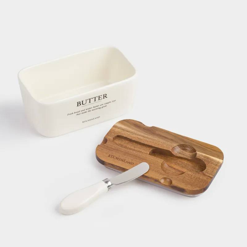 Сары май ыдысы, 16 см, пышағы бар, керамика/ағаш, тікбұрышты, сүт түстес, Course, image-3