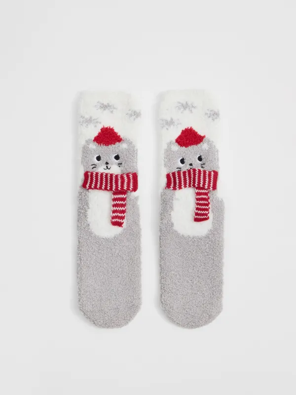 Әйелдер шұлықтары, үйге арналған, өлшемі 36-38, қорапта, полиэстер, сүтті сұр, Шарф таққан мысық, Merry, image-0