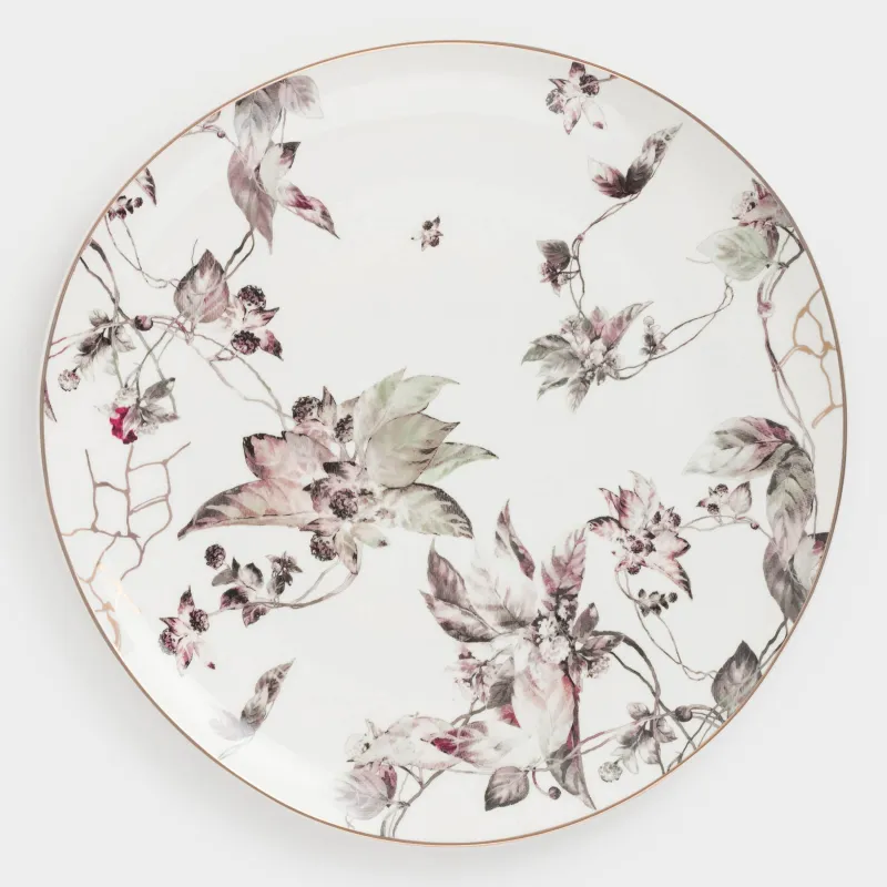 Тіскебасар тәрелкесі, 28 см, фарфор N, ақ, алтын жиектері бар, Гүлденген бақ, Нуар гүлі, image-0