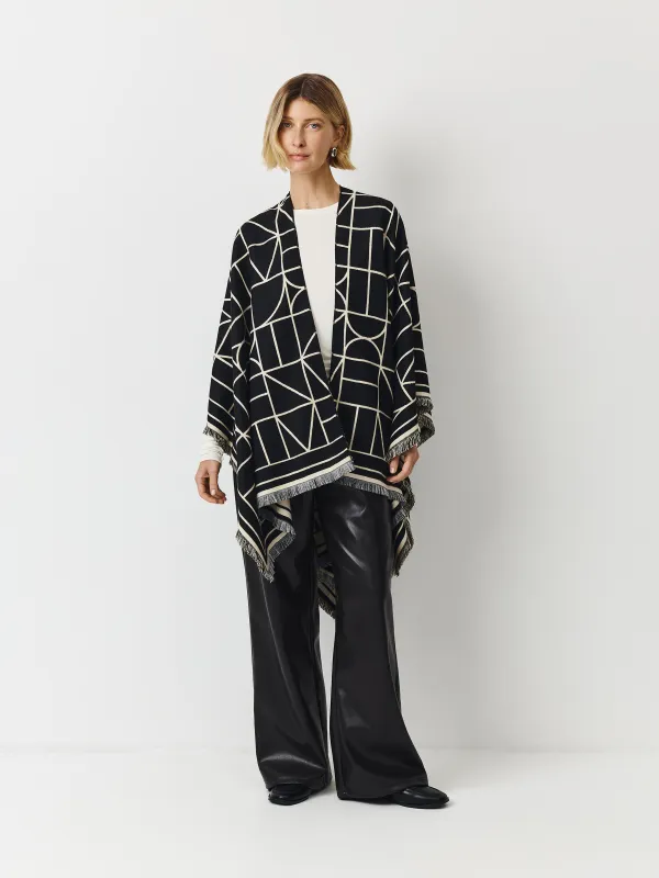 Пончо, 125х160 см, қайтымды, вискоза/полиэстер, сүт түстес - қара, Сызықтар, Poncho, image-3