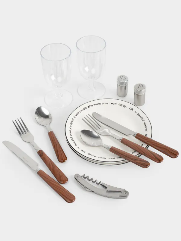 Пикник себеті, 40х30 см, 2 адам, 12 зат, бөтелке бөлімі бар, жүзім сабағы, қоңыр, Picnic, image-3