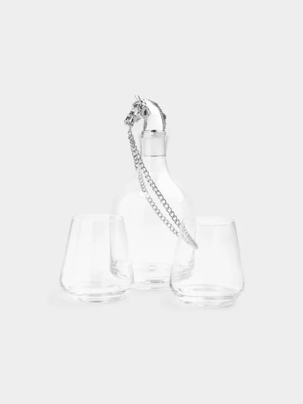 Вискиге арналған жиынтық, 2 адам, 3 зат, графин/стақандар, шыны, Күміс жылқы, Elegant horse, image-0
