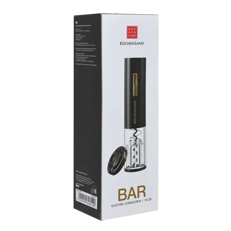 Штопор электрический, 19 см, с резаком для фольги, пластик, LED B, черный, Bar, image-1