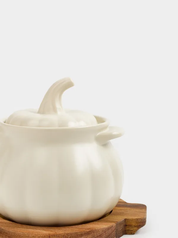 Кокотница, 13 см, 530 мл, с крышкой, на подставке, керамика/дерево, кремовая, Тыква, Gourd, image-4