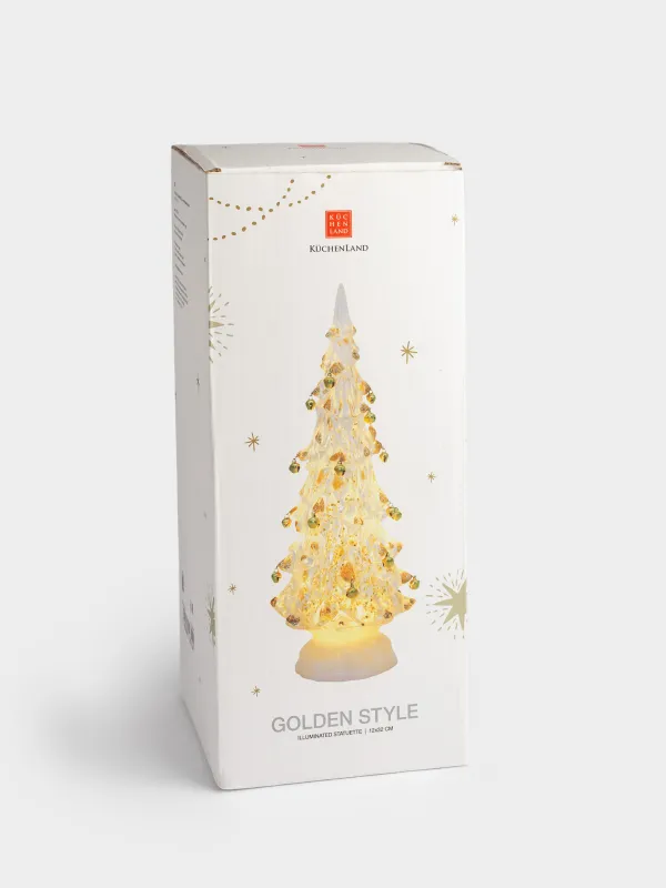 Мүсінше, жарықтандырылған, 32 см, акрил, ақ және алтын түстес, Ұшатын қары бар шырша, Golden style, image-3