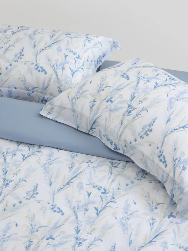 КПБ евро, тенсель 300 ТС, бело-голубой, Полевые цветы, Tencel, image-1