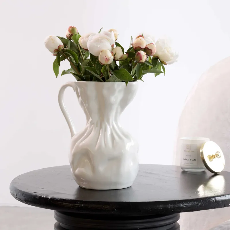 Гүл вазасы, 25 см, тұтқасы бар, керамика, АҚ, мыжылған әсер, Crumple, image-3