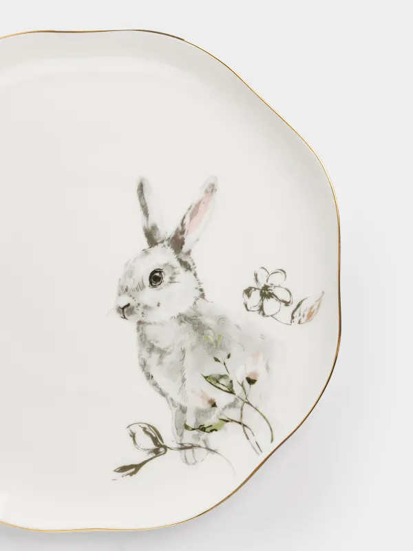 Түскі ас тәрелкесі, 28 см, фарфор F, ақ, алтын жиектері бар, Гүлдер арасындағы қоян, Easter, image-1