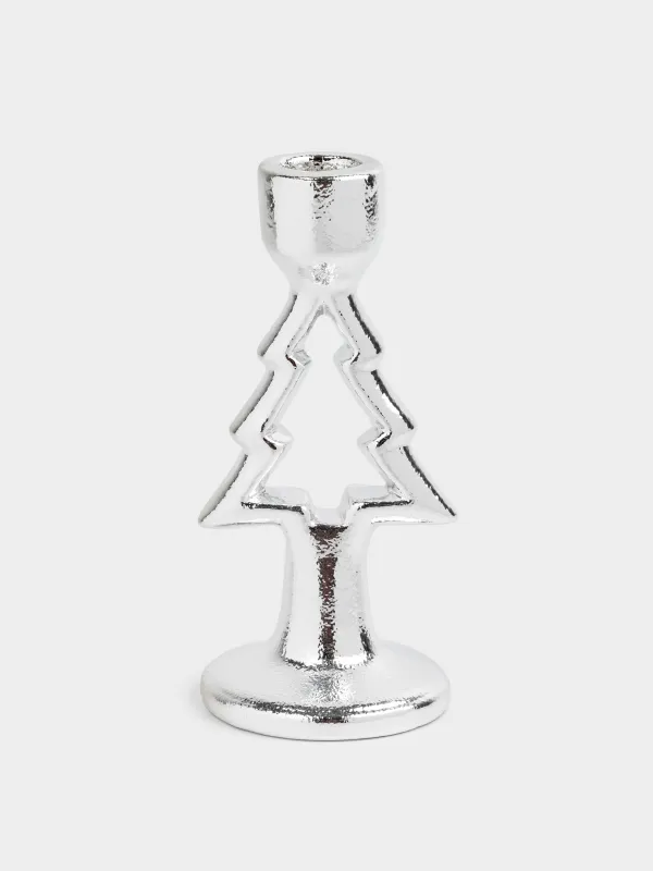 Шам ұстағыш, 15 см, жіңішке шамға арналған, аяқты, керамика, күміс, Шырша, Silver style, image-0