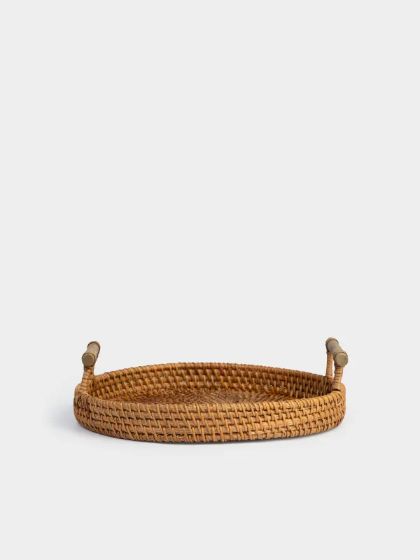 Поднос, 24 см, плетеный, с ручками, ротанг/дерево, круглый, Eco home, image-2