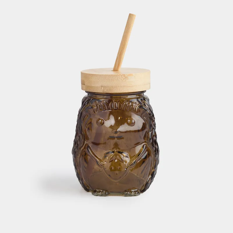 Сусындарға арналған құты, 550 мл, қақпағы мен сабаны бар, шыны, қоңыр, Кірпі, Forest animals