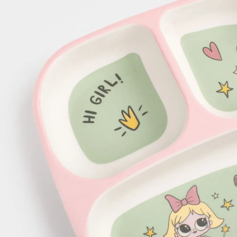 Тіскебасар тәрелкесі, балаларға арналған, 18 см, 3 бөлім, бамбук, қызғылт-жасыл, Көйлек киген қыздар, Sweet loli, image-4