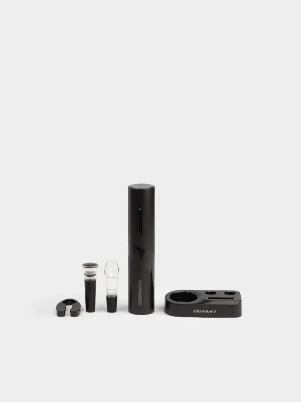 Набор винный, 5 пр, с вакуумной пробкой, на подставке, пластик/сталь, черный, Flux, image-1