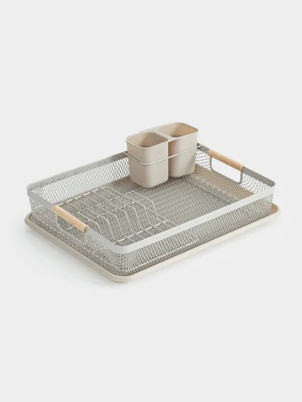 Ыдысқа арналған кептіргіш, 43х32 см, науасы бар, пластик/металл, сұр-сарғылт-қоңыр, Dainty twin, image-0