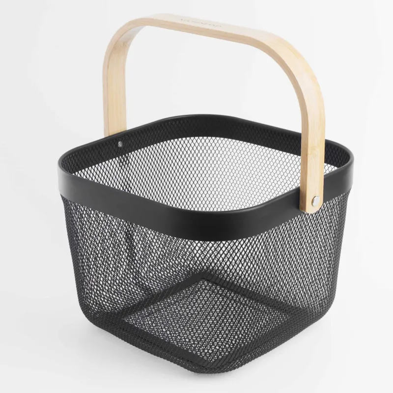 Сақтау себеті, 24х24х18 см, тұтқасы бар, металл / бамбук, шаршы, қара, Gardening, image-4