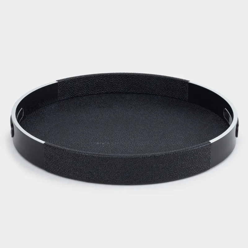 Поднос, 34 см, искусственная кожа/пластик, круглый, черно-серебристый, Leather trend, image-0