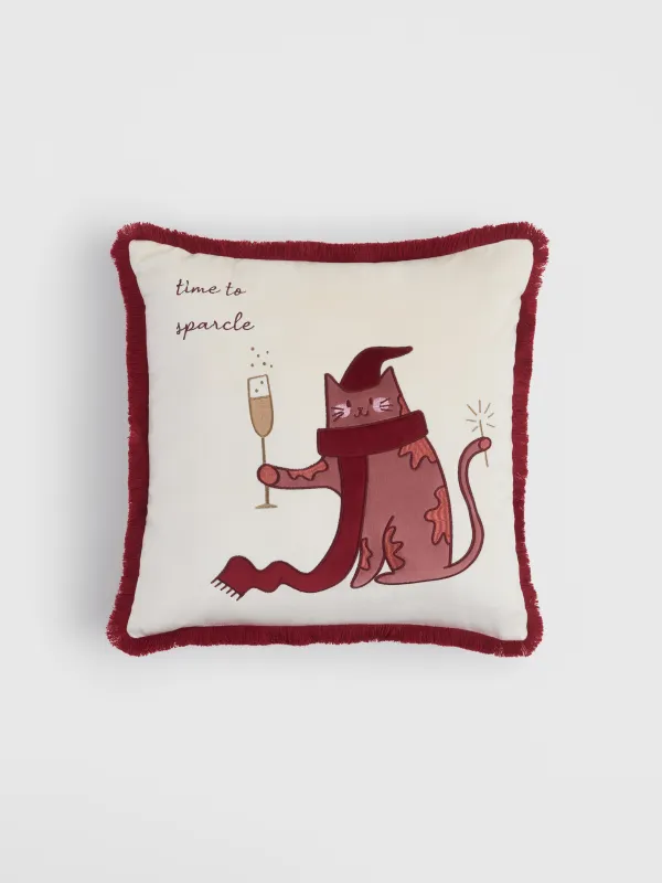 Подушка декоративная, 45х45 см, с бахромой, вельвет, молочная, Кот, Christmas cat, image-0