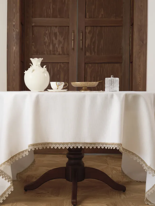 Дастархан, 160х160 см, полиэстер, ақ, Гүлді шілтер, Flower lace gold, image-2