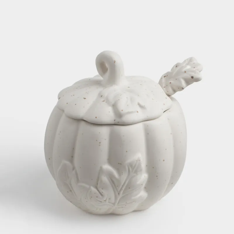 Қант ыдысы, 12 см,460ml, қасықпен, керамика, ақ, дақтары бар, Асқабақ, Slight frost